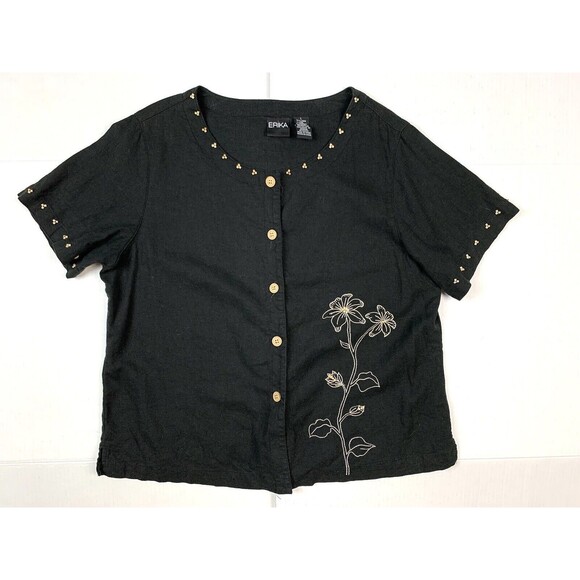 Erika Linen Blend Blouse Size L Black Beaded Embroidered Button Up Top - Picture 1 of 8